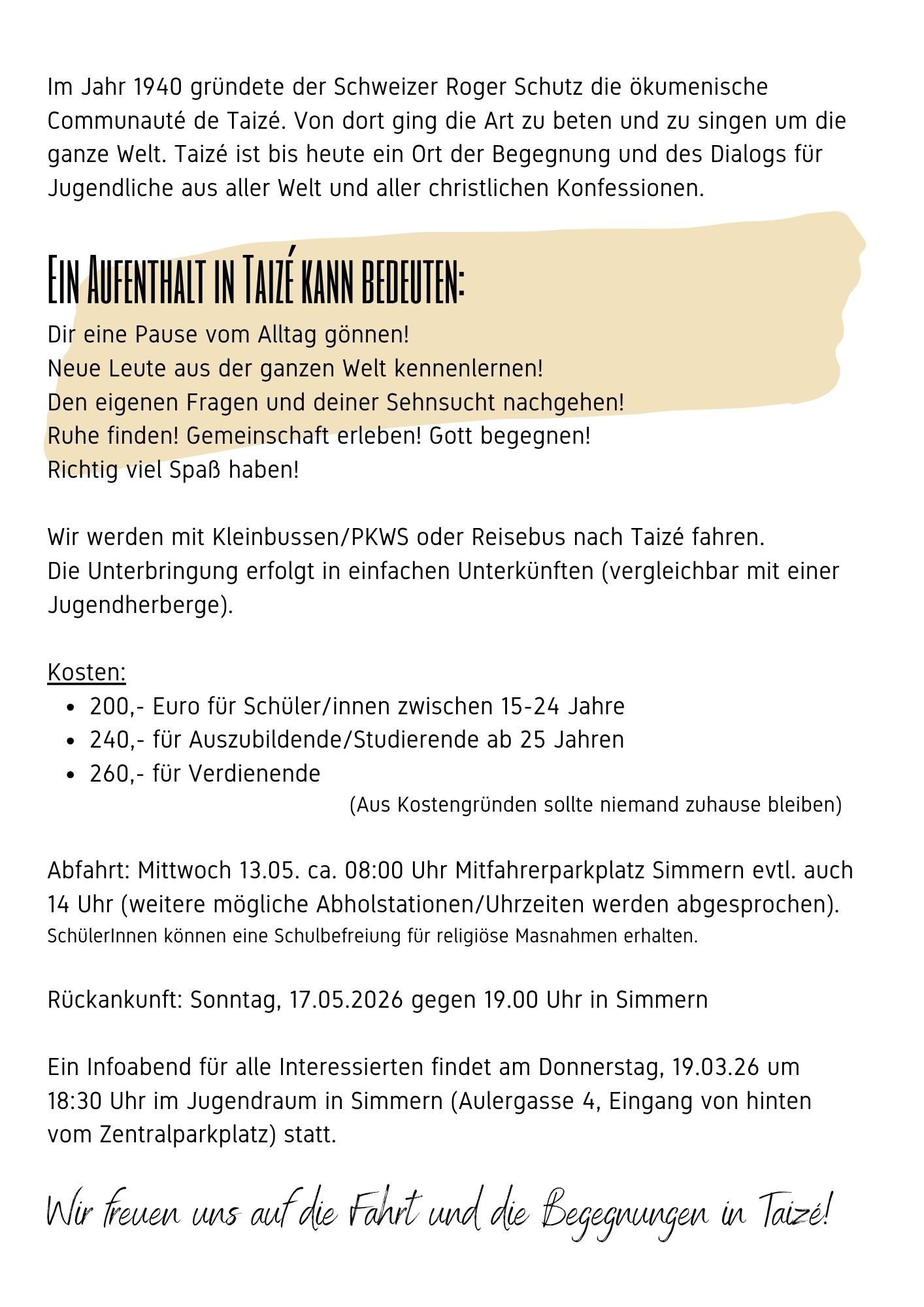 aktueller Flyer Taizefahrt 2026 2. Seite